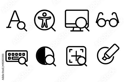 outline vector icons of zoom for accessibility: font magnify, accessibility zoom, screen reader area, visual assist, zoom with keyboard, high contrast zoom, icon enlarger, tool highlight. set of line