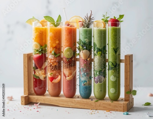 Smoothie served in lab test tubes on a wooden rack,