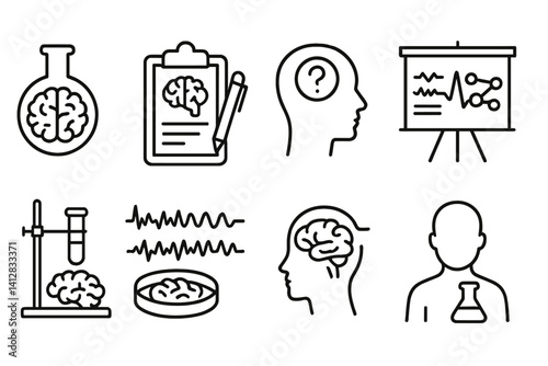 outline vector icons of brain anatomy: left hemisphere, right hemisphere, cerebellum, brain stem, frontal lobe, parietal lobe, occipital lobe, temporal lobe. set of line style icons in a modern,