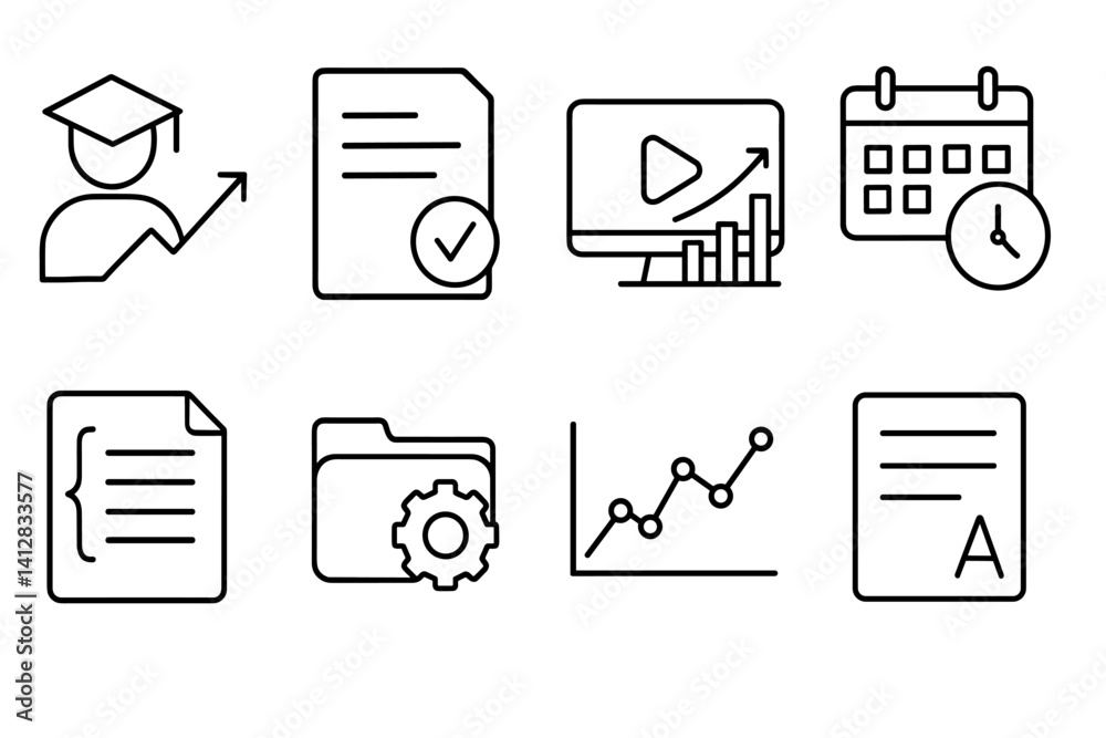 outline vector icons of educational data: student progress, test scores, learning analytics, attendance chart, curriculum data, assessment file, grade trends, report card icon. ine style icons in a