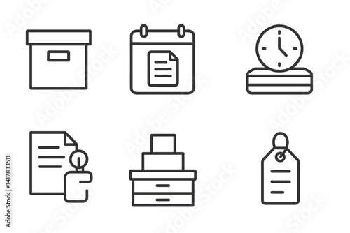 outline vector icons of data retention: archive box, policy calendar, retention clock, file hold, legal data tag, long-term storage, retention tier, archive tag. set of line style icons in a modern,