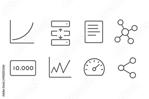 outline vector icons of network data: bandwidth chart, data packets, traffic log, connection graph, IP address icon, latency chart, throughput measure, node activity. set of line style icons in a