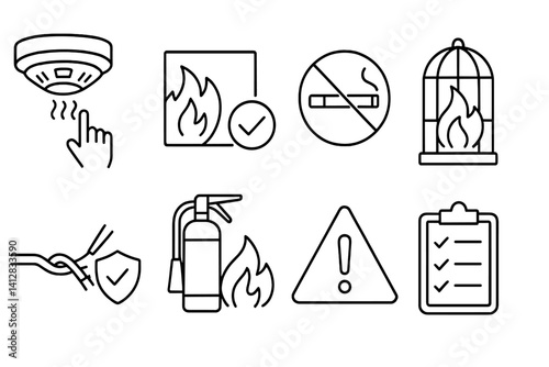 outline vector icons of fire safety: fire extinguisher, fire alarm, fire exit sign, emergency ladder, safety blanket, smoke detector, fire hose, escape plan. set of line style icons in a modern,