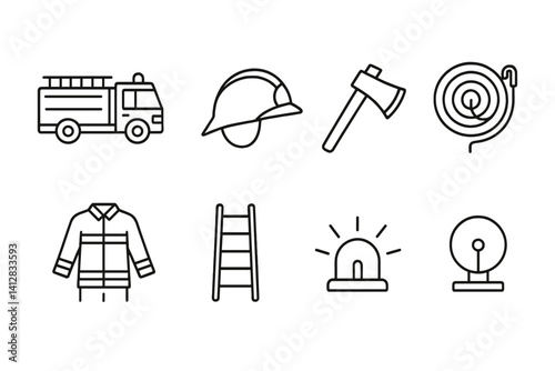 outline vector icons of firefighting equipment: fire truck, fire helmet, axe, hose reel, fire suit, ladder, emergency light, siren., set of line style icons in a modern, minimalist design.