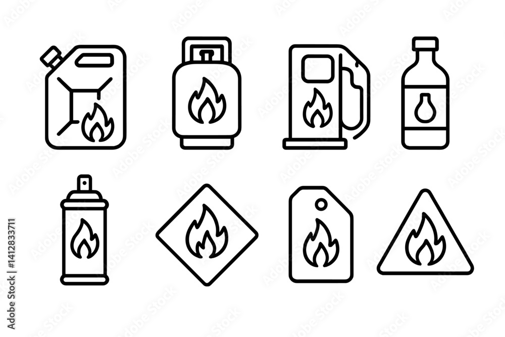 Fototapeta premium outline vector icons of flammable materials: fuel canister, propane tank, gas icon, ethanol bottle, aerosol can, chemical label, flammable tag, warning symbol. ine style icons in a modern, minimalist