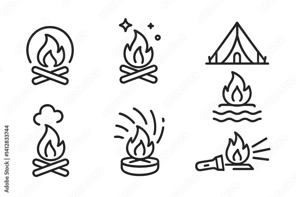 outline vector icons of night fire scenes: campfire glow, stars and fire, tent light, fire reflection, night smoke, spark trails, fire pit icon, flashlight and fire. set of line style icons in a