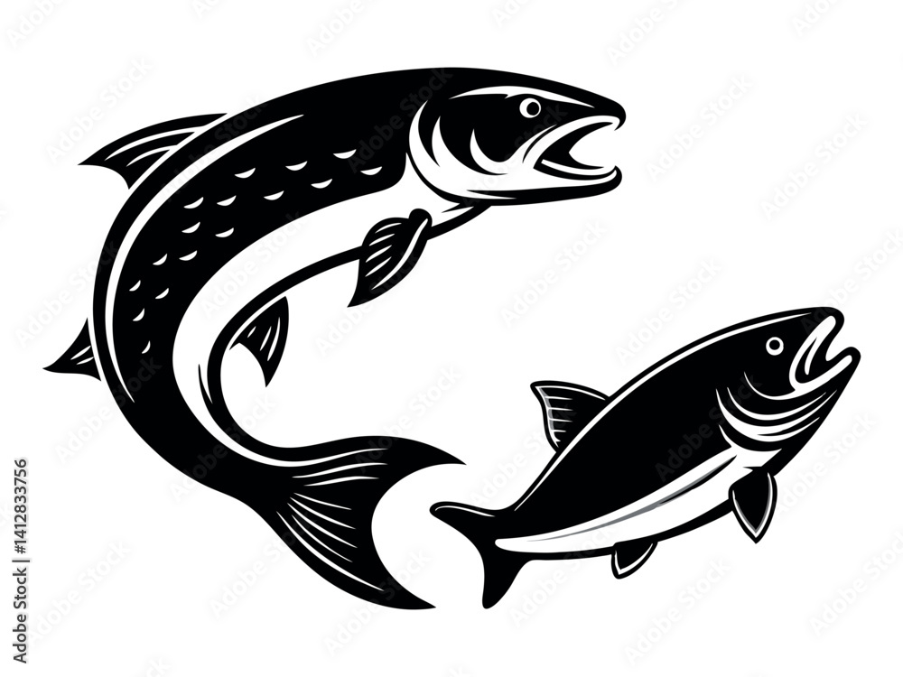 Obraz premium Brown Trout Logo. Unique, Bold, and Eye-catching Brown trout jumping out of the water. Suitable for any Brown Trout Fishing events. Print on T-shirt, etc 