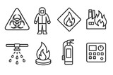 outline vector icons of industrial fire safety: chemical warning, fireproof suit, hazard icon, factory flames, sprinkler system, gas fire, extinguisher box, control panel. set of line style icons in