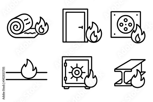outline vector icons of fireproofing systems: insulation material, fire door, fire barrier, safety panel, thermal seal, fireproof safe, firestop icon, structural protection. set of line style icons