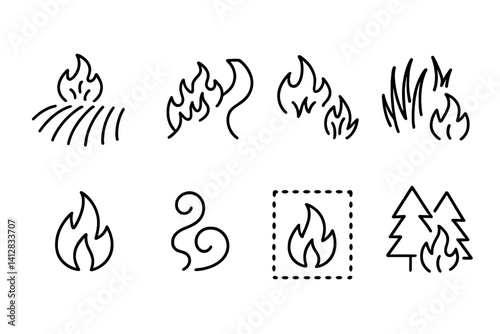 outline vector icons of controlled burns: agricultural fire, firebreak, backburning, grass clearing, flame, smoke trail, controlled zone, forest management icon. set of line style icons in a modern,