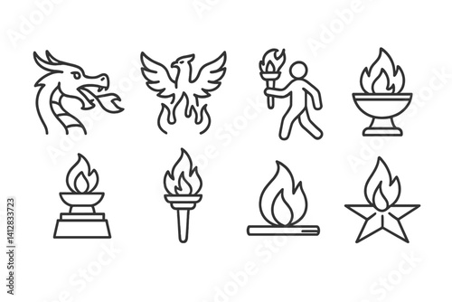 outline vector icons of fire basics: flame icon, small fire, large fire, burning match, spark, ember, smoke curl, fire burst. set of line style icons in a modern, minimalist design.