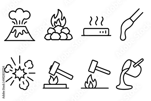 outline vector icons of hot materials: lava icon, burning coal, red metal, molten material, forge heat, steam burst, fire and metal, smelting pot. ine style icons in a modern, minimalist design.