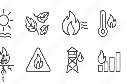 outline vector icons of seasonal fire danger: summer heat, dry leaves icon, wind with flame, temperature alert, dry zone, fire risk sign, fire watch, high risk bar. ine style icons in a modern,