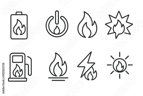 outline vector icons of fire-themed energy: fire and battery, power icon with flame, energy flame, combustion symbol, fuel-powered icon, burning energy, spark power, energy heat. set of line style