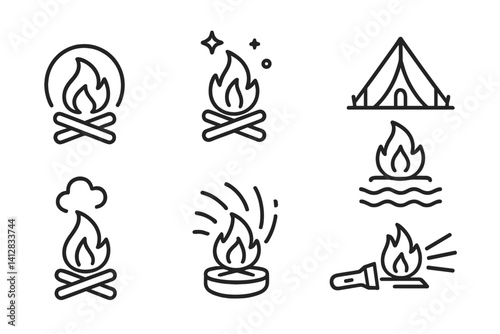 Obraz na płótnie outline vector icons of night fire scenes: campfire glow, stars and fire, tent light, fire reflection, night smoke, spark trails, fire pit icon, flashlight and fire. set of line style icons in a w salonie