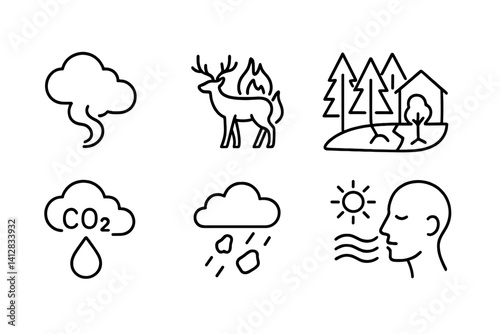 outline vector icons of environmental fire impact: smoke cloud, burned wildlife, scorched forest, habitat loss, greenhouse gas, ash fallout, heat haze, air quality icon. set of line style icons in a