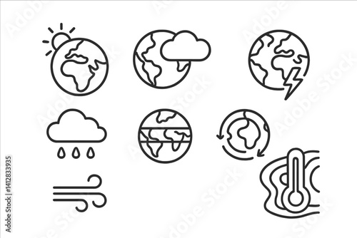 outline vector icons of heart weather symbols: sunny heart, cloudy heart, raining hearts, thunder with heart, snowy heart, foggy heart, windy heart, rainbow and heart. set of line style icons in a