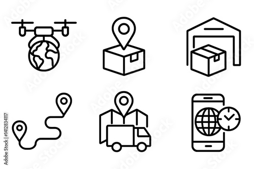 outline vector icons of global delivery systems: drone with globe, location package, delivery time zone, global warehouse, logistic route icon, local courier map, drop point Earth, tracking icon. set