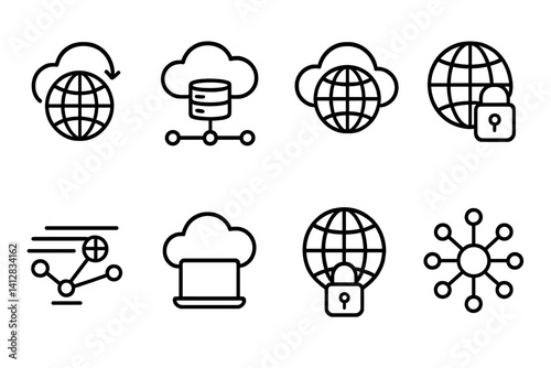 outline vector icons of cloud services and globe: cloud sync globe, storage network, secure cloud world, access control globe, CDN lines, cloud computing icon, globe with lock, digital node. set of