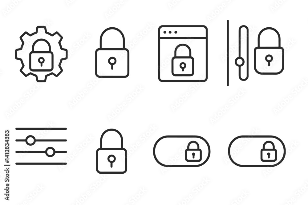 outline vector icons of lock settings: gear with lock, lock config icon, lock preferences, control panel lock, custom access, adjustable lock, settings slider, toggle lock. set of line style icons in outline vector icons of lock settings: gear with lock, lock config icon, lock preferences, control panel lock, custom access, adjustable lock, settings slider, toggle lock. set of line style icons in