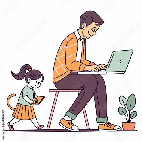 Cute female kid and cat distracting father from work vector flat illustration. Modern man working remotely from home use computer isolated on white background. Remote work disadvantages