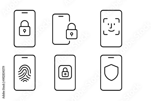 outline vector icons of mobile device security: phone with lock, screen lock icon, face ID, lock pattern, swipe lock, mobile fingerprint, secure app, device shield. set of line style icons in a
