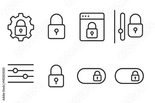 outline vector icons of lock settings: gear with lock, lock config icon, lock preferences, control panel lock, custom access, adjustable lock, settings slider, toggle lock. set of line style icons in