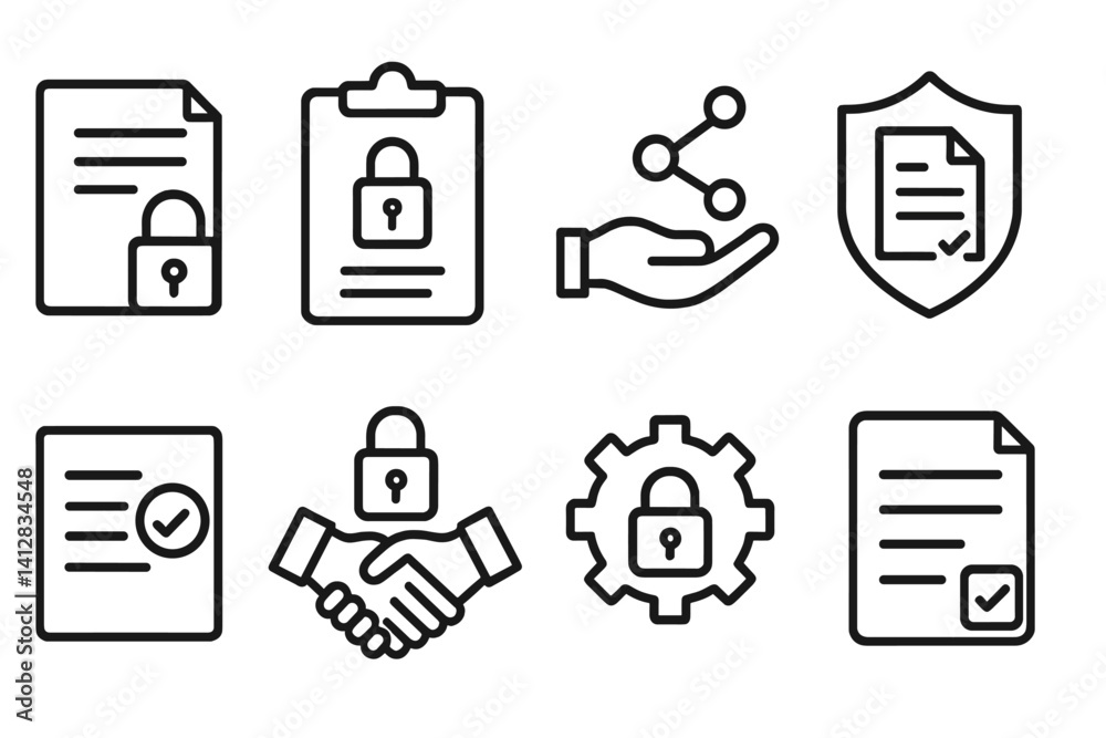 outline vector icons of privacy settings: incognito, data control, block user, cookie settings, app permissions, private browsing, activity log, ad settings.No labels, set of line style icons in a