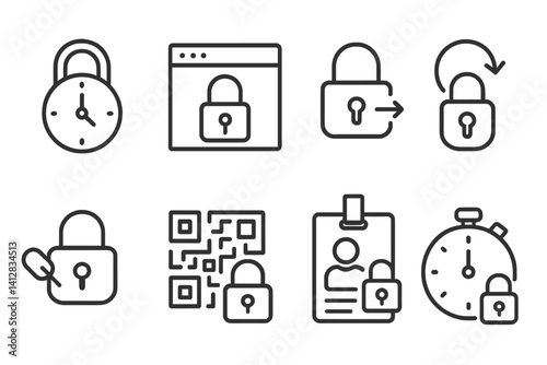 outline vector icons of temporary access locks: time-limited lock, access window icon, expiring permissions, one-time use lock, invite link padlock, QR unlock, temporary badge, lock timer. set of