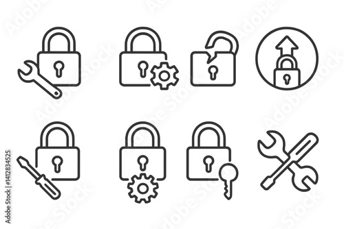outline vector icons of lock upgrade and repair: lock with wrench, padlock settings, broken lock icon, lock upgrade badge, installation icon, lock configuration, locksmith tool, repair key. set of
