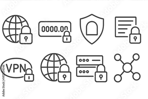 outline vector icons of network and VPN security: globe with lock, private IP icon, shield with tunnel, data packet lock, VPN access icon, proxy lock, server padlock, node lock. set of line style