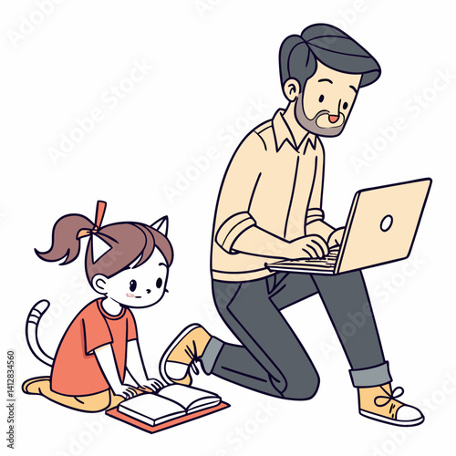 Cute female kid and cat distracting father from work vector flat illustration. Modern man working remotely from home use computer isolated on white background. Remote work disadvantages