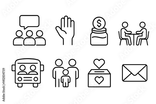 outline vector icons of parent involvement: PTA icon, volunteer hand, school fundraiser, parent meeting, field trip chaperone, family event, donation box, email icon. ine style icons in a modern,