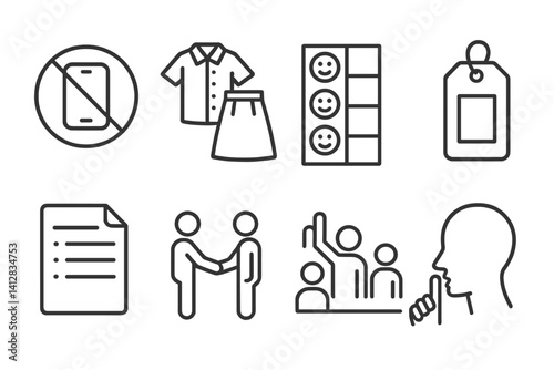 Simple linear icon set: communication, etiquette, and organization