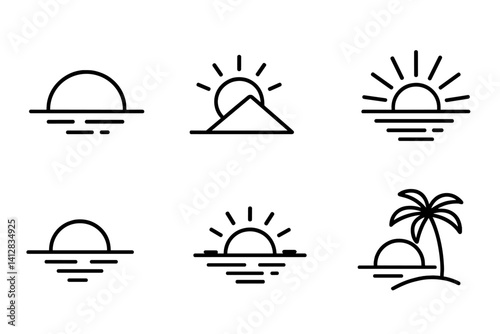 outline vector icons of sunset elements: sun near horizon, sun behind mountain, evening glow, beach at sunset, city silhouette, fading rays, romantic sunset, palm sunset. set of line style icons in a