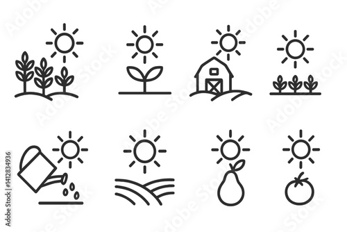 outline vector icons of sun and agriculture: crops in sunlight, sun and sprout, sun-fed farm, greenhouse with rays, watering under sun, field growth icon, fruit ripening, garden with sun. set of line