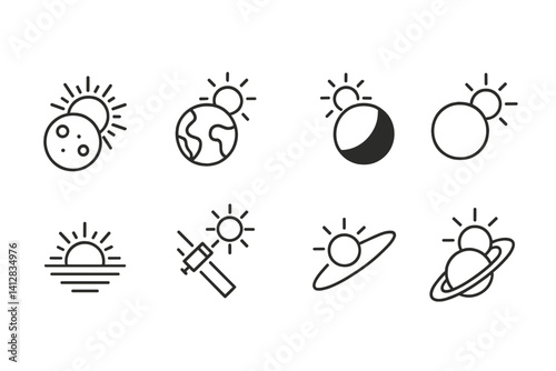 outline vector icons of planetary sun views: sun from Mercury, Earth with sunlight, Mars shadow, distant solar light, outer orbit glow, sun from space station, interplanetary light, planet rings and