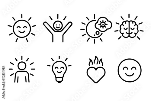 Positive energy and mindfulness icons set in linear style: smiles, sun, moon, brain, ideas, heart