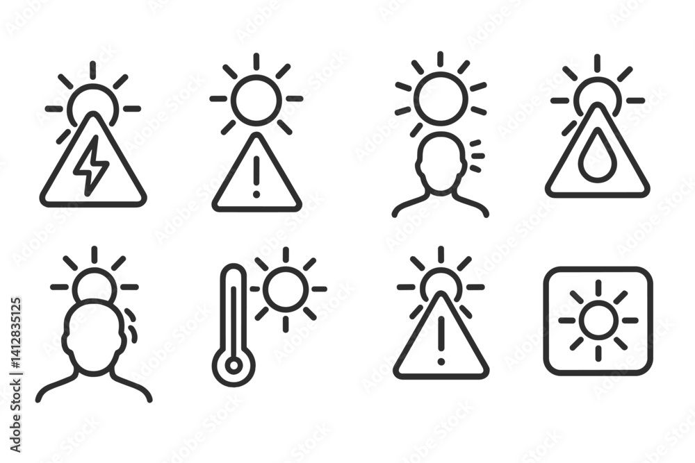 Weather and climate alert icons set: linear style for ui design and apps Weather and climate alert icons set: linear style for ui design and apps