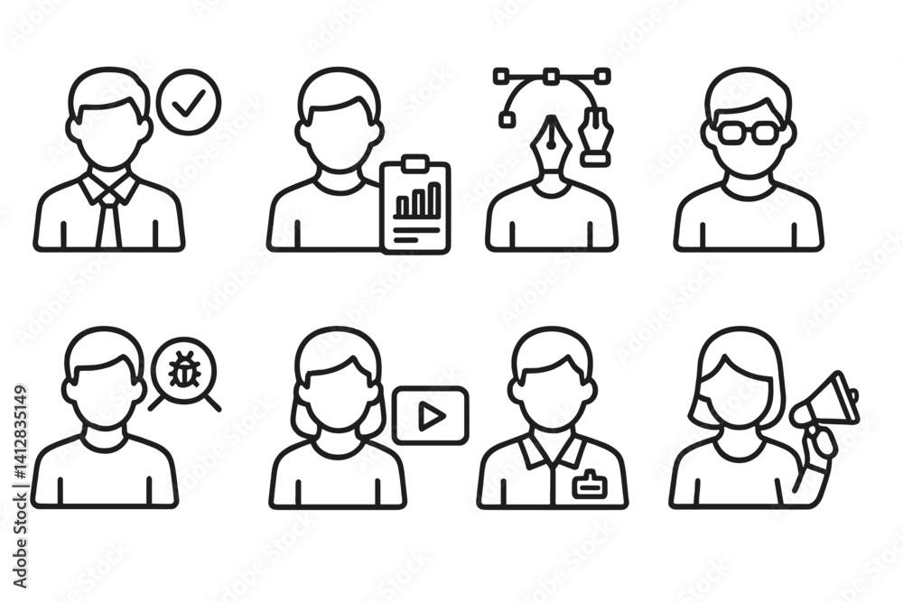 outline vector icons of team roles: team leader, project manager, designer icon, developer icon, QA tester, content creator, HR rep, marketing lead. set of line style icons in a modern, minimalist outline vector icons of team roles: team leader, project manager, designer icon, developer icon, QA tester, content creator, HR rep, marketing lead. set of line style icons in a modern, minimalist