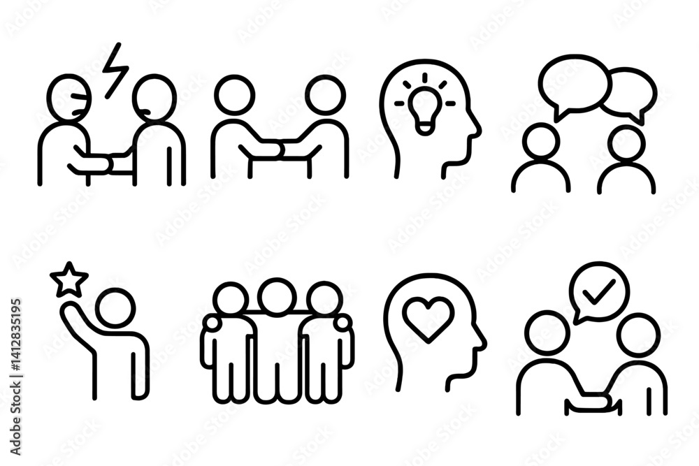 outline vector icons of team dynamics: conflict resolution, mutual respect, brainstorming head, debate bubble, motivation icon, team bonding, emotional intelligence, constructive feedback. set of