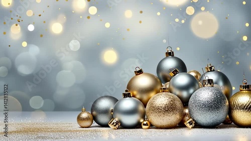 Christmas background with golden balls. Christmas balls. Shining Christmas balls, gold glitter, stars. Shining bokeh effect.  and a New Year's video card