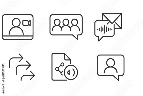 outline vector icons of team communication: video call, group chat, voice message, email thread, reply chain, shared file icon, ping icon, direct message. ine style icons in a modern, minimalist
