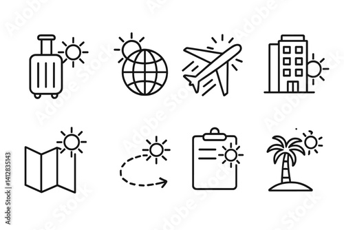 outline vector icons of travel with sun: suitcase in light, globe with sun, flight with rays, hotel sun icon, map and sun, sun path travel, itinerary with sun, sunny destination. set of line style