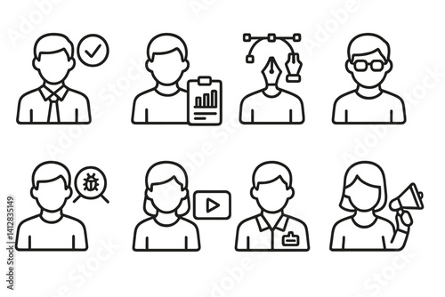 outline vector icons of team roles: team leader, project manager, designer icon, developer icon, QA tester, content creator, HR rep, marketing lead. set of line style icons in a modern, minimalist