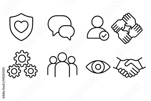 outline vector icons of teamwork values: trust icon, communication bubble, accountability icon, collaboration hands, synergy icon, team spirit, transparency icon, respect handshake. set of line style