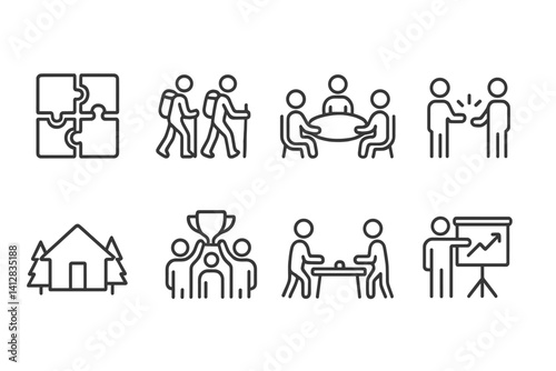 outline vector icons of team building: puzzle pieces, group hike, team lunch, icebreaker icon, retreat icon, shared win, team game, workshop icon. set of line style icons in a modern, minimalist