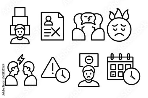 outline vector icons of team challenges: workload icon, blocked task, miscommunication, burnout emoji, clash icon, delay alert, stuck status, missed deadline. set of line style icons in a modern,