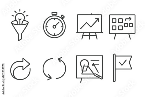 outline vector icons of innovation sprints: idea funnel, rapid test icon, workshop chart, team sprint board, feedback arrow, iterative loop, solution sketch, quick win icon. set of line style icons