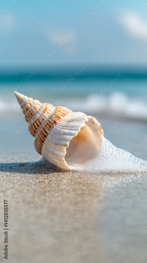 Serenity by the shore: seashell on sandy beach with ocean in background for peaceful coastal decor Serenity by the shore: seashell on sandy beach with ocean in background for peaceful coastal decor